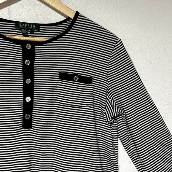 Lauren Ralph Lauren Nautical Womens Striped Shirt Top Large Black/White Stripe - Picture 7 of 16